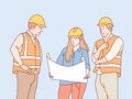 Construction man woman workers teamwork collaboration in blueprint planning simple korean style illustration Royalty Free Stock Photo