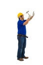 Construction man workers in blue shirt with Protective gloves, helmet with tool belt hand holding hammer isolated on white