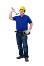 Construction man workers in blue shirt with Protective gloves, helmet with tool belt hand holding hammer isolated on white Royalty Free Stock Photo