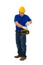 Construction man workers in blue shirt with Protective gloves, helmet with tool belt hand holding hammer isolated on white Royalty Free Stock Photo