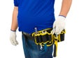 Construction man workers in blue shirt with Protective gloves, helmet with tool belt hand holding hammer isolated on white Royalty Free Stock Photo
