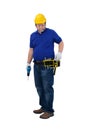 Construction man workers in blue shirt with Protective gloves, helmet with tool belt hand holding power drill isolated on white Royalty Free Stock Photo