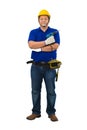 Construction man workers in blue shirt with Protective gloves, helmet with tool belt hand holding power drill isolated on white Royalty Free Stock Photo