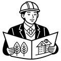 Construction Manager Analyzing Building Plans with Architectural Features and Plants Royalty Free Stock Photo