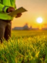 A construction manager or engineer reviewing plans in a vibrant outdoor setting during sunset, with lush grass in the foreground Royalty Free Stock Photo
