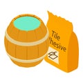 Construction material icon isometric vector. Tile adhesive packaging wood barrel