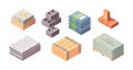 Construction materials building isometric set. Box with tiles large concrete blocks gray cinder block packaging cement