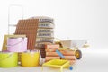 Construction materials isolated on white. Paint bucket, bricks, brush. Copy space. 3D illustration Royalty Free Stock Photo