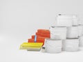 Construction materials isolated on white. Paint bucket, bricks, brush. Copy space. 3D illustration Royalty Free Stock Photo