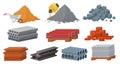 Construction materials set, flat vector illustration. Pile of sand cement stones bricks. Gypsum blocks, metal roof, tile Royalty Free Stock Photo