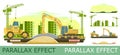 Construction of microdistrict of city. Tractors and excavators. set of slides create parallax image layer. Cartoon style