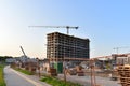 Construction of the `Minsk World` residential complex by Dana Holdings. Out of focus, possible granularity, motion blur. Minsk,