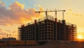 Construction of a modern building at sunset with cranes and vibrant clouds in the background Royalty Free Stock Photo