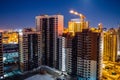 Construction of modern high multistory residential buildings, night aerial view of building yard Royalty Free Stock Photo