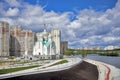 Construction of Moscow river embankment and St. Nicholas Church in new area of Pavshinsky floodplain