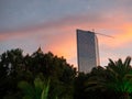 Construction of a multi-storey building against the backdrop of the sunset sky. Construction at the resort. Landscapes of Batumi. Royalty Free Stock Photo