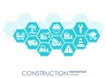 Construction network. Hexagon abstract background with lines, polygons, and integrated flat icons. Connected symbols for