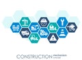 Construction network. Hexagon abstract background with lines, polygons, and integrated flat icons. Connected symbols for