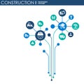 Construction network. Hexagon abstract background with lines, polygons, and integrated flat icons. Connected symbols for build, in