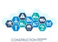 Construction network. Hexagon abstract background with lines, polygons, and integrated flat icons. Connected symbols for build, in