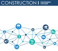 Construction network. Hexagon abstract background with lines, polygons, and integrated flat icons. Connected symbols for build, in