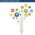 Construction network. Hexagon abstract background with lines, polygons, and integrated flat icons. Connected symbols for build, in