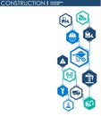 Construction network. Hexagon abstract background with lines, polygons, and integrated flat icons. Connected symbols for build, in