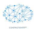 Construction network. Hexagon abstract background with lines, polygons, and integrated flat icons. Connected symbols for