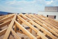 construction of new building, Timber and beam details of roof system Royalty Free Stock Photo