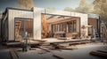 Construction of new and modern prefabricated modular house from wood panels