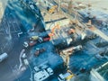 Construction of a new overpass in the city center on a snowy street. repair of the road in the city center, laying the path for Royalty Free Stock Photo