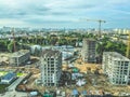 Construction of a new residential complex in the city center. view of the construction site from above. construction of high-rise