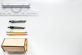 Construction office with architect tools on white background top view mockup Royalty Free Stock Photo