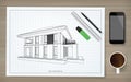 Construction paper background of blueprint with image of wireframe house. Abstract construction graphic idea. Vector