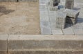 Construction of pavement details, cobblestone pavement, stone blocks on road construction site