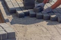 Bricklayer places concrete paving stone blocks for building up a Sidewalk pavement