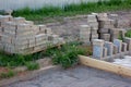 Construction pavement stones and bricks on terrace, road or sidewalk on the city street.