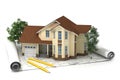 Construction plan with house and wood 3d