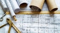 Construction Plan with Tools and Rolls of Blueprints Royalty Free Stock Photo