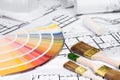 Construction plans with whitewashing Tools and Colors Palette Royalty Free Stock Photo
