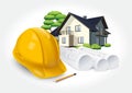 Construction plans and yellow helmet on the background of a dream house. Royalty Free Stock Photo