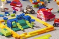 Construction plastic colored bricks pieces. Children toy. Royalty Free Stock Photo