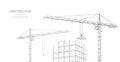 Construction. Polygonal wireframe building under crune isolated on white. Drawing, graphics.