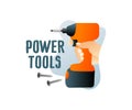 Construction power tools and cordless tools with screws, illustration and logo design. Holds in hand cordless electric screwdriver