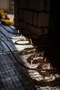 The construction process - floor screed using a metal grid and laying pipes for Underfloor heating. Royalty Free Stock Photo