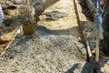 Construction process making of freshly poured cement new sidewalk in wet concrete Royalty Free Stock Photo