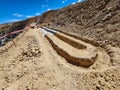 Construction process for stormwater drainage channels in ditches and geosynthetic cover in an open-pit mine Royalty Free Stock Photo