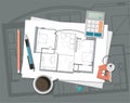 Construction project architect house plan with tools. Key with symbol of house. Construction background. Royalty Free Stock Photo