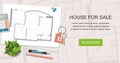 Construction project architect house plan with tools. Key with symbol of house. House for sale. Web banner Royalty Free Stock Photo