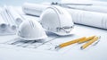 Construction Project Blueprint Safety helmets blueprints and measuring tools symbolize planning precision safety and Royalty Free Stock Photo